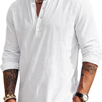 Men's Linen Shirts Henley T-Shirts Long Sleeve Casual Beach T-Shirts Solid Tops Shirts for Men