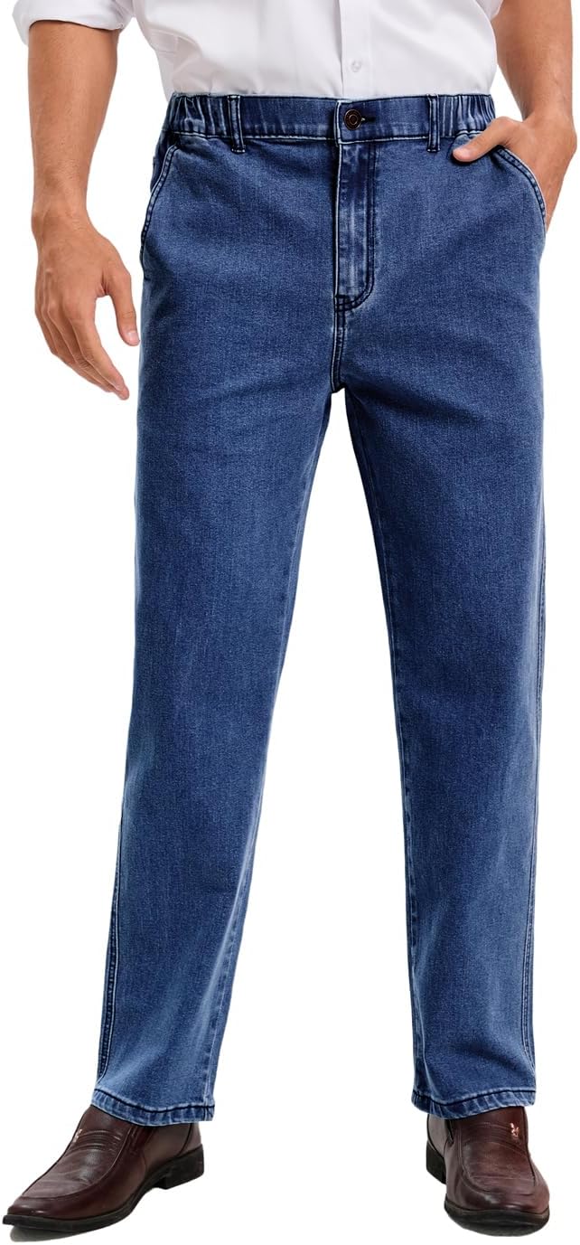 Mens Elastic Waist Jeans Relaxed Fit Men's Jeans with Elastic Waist with Zipper and Button