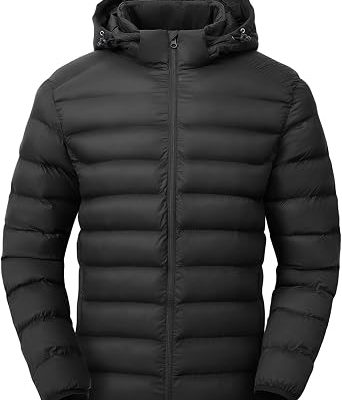Men's Lightweight Puffer Jackets Detachable Hood Water-Resistant Casual Winter Coat Hooded Insulated for Travel Ski