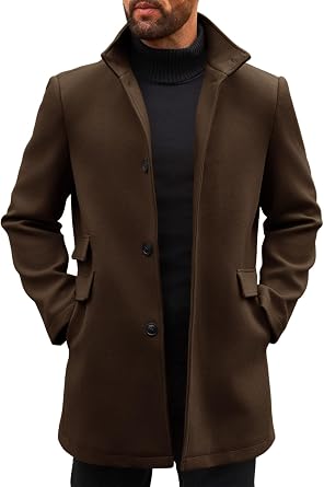 Mens Pea Coat Single Breasted Mid Long Trench Coat Overcoat