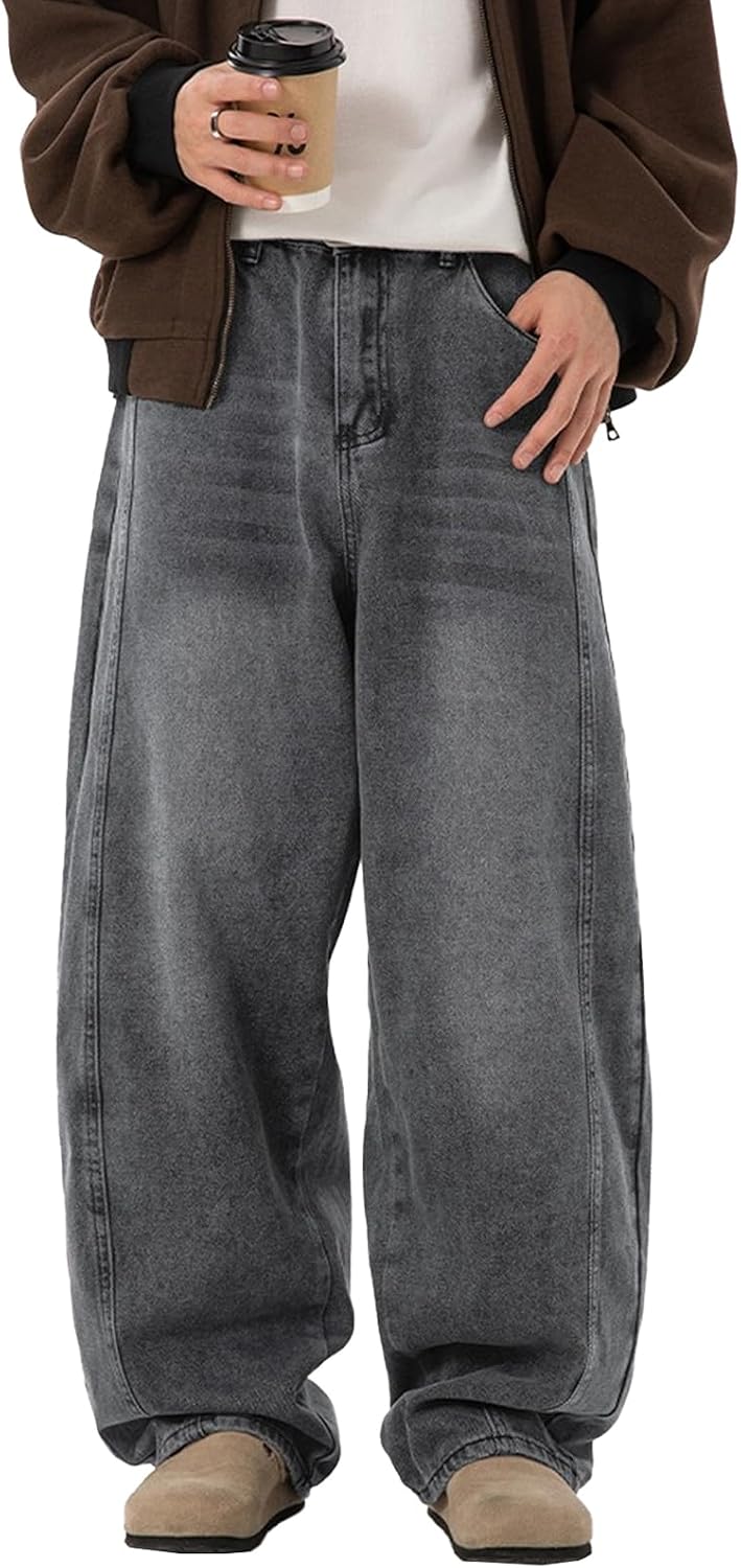 Mens Baggy Jeans Y2k Wide Leg Loose Fit Jeans Streetwear Denim Washed Hip Hop Pants