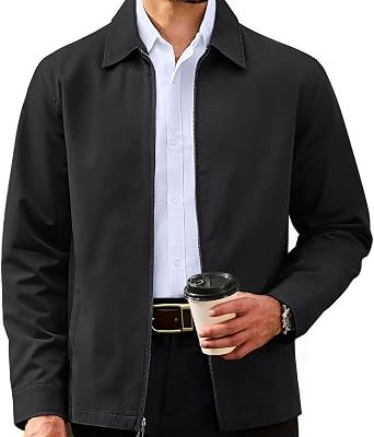 Men's Cotton Jacket Full Zip Up Work Jackets Turndown Collar Business Casual Windbreaker with 3 Pockets