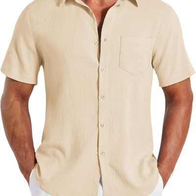 Shirts for Mens Button Down Short Sleeve Shirts Casual Summer Beach Textured Shirts with Pocket