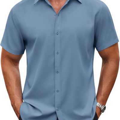 Men's Button Down Shirt Short Sleeve Dress Shirt Casual Beach Summer Wedding Shirt