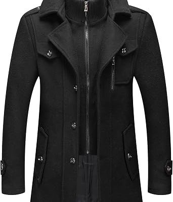 Men's Wool Blend Coat Warm Winter Trench Coat with Detachable Soft Scarf Single Breasted Pea Coat