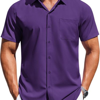 Mens Short Sleeve Button Down Shirts Wrinkle Free Dress Shirt for Men Casual Untucked Shirt with Pocket