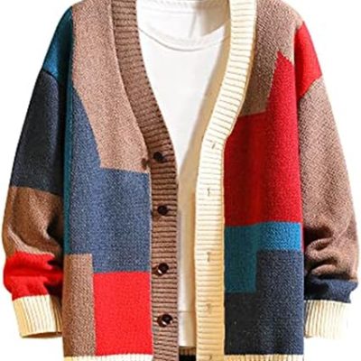 Men's Colorblock Cardigan Sweater Thick Knit Button Front Vintage