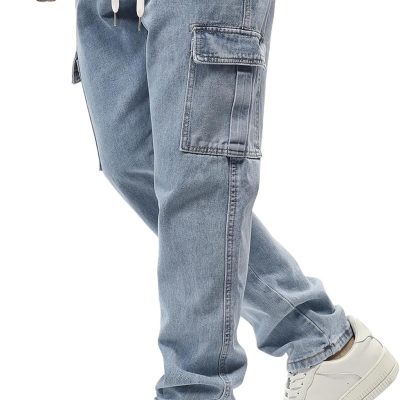 Men's Elastic Waist Cargo Jeans Stretch Denim Pants with Drawstring Straight Leg for Casual Daily Wear