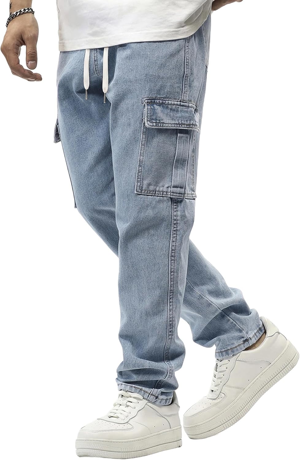 Men's Elastic Waist Cargo Jeans Stretch Denim Pants with Drawstring Straight Leg for Casual Daily Wear