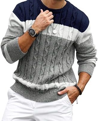 Men's Color Block Sweater Crew Neck Long Sleeve Cable Knit Pullover Tops Casual Knitwear