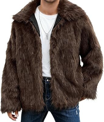 Men's Faux Fur Coat, Warm Fluffy Fuzzy Fleece Jacket with Lapel Collar for Winter Fashion Trench Outerwear
