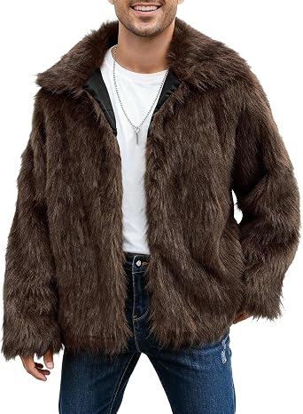 Men's Faux Fur Coat, Warm Fluffy Fuzzy Fleece Jacket with Lapel Collar for Winter Fashion Trench Outerwear
