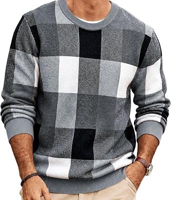 Men's Plaid Crew Neck Sweater Long Sleeve Knit Pullover