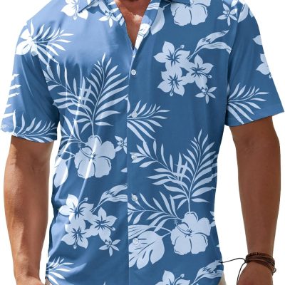 BOJIN Men's Hawaiian Wrinkle Free Short Sleeve Button Down Tropical Floral Beach Vacation Shirt