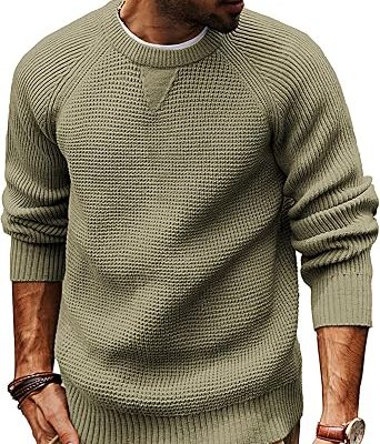 Mens Crewneck Sweater Waffle Knit Pullover Sweaters Casual