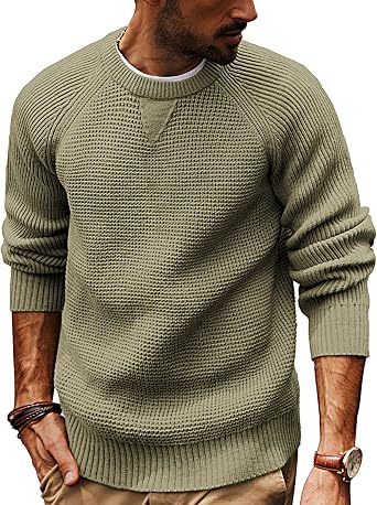 Mens Crewneck Sweater Waffle Knit Pullover Sweaters Casual