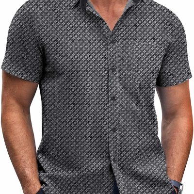 Mens Short Sleeve Button Down Shirts Wrinkle Free Dress Shirts Casual Polka Dot Print Shirt with Pocket