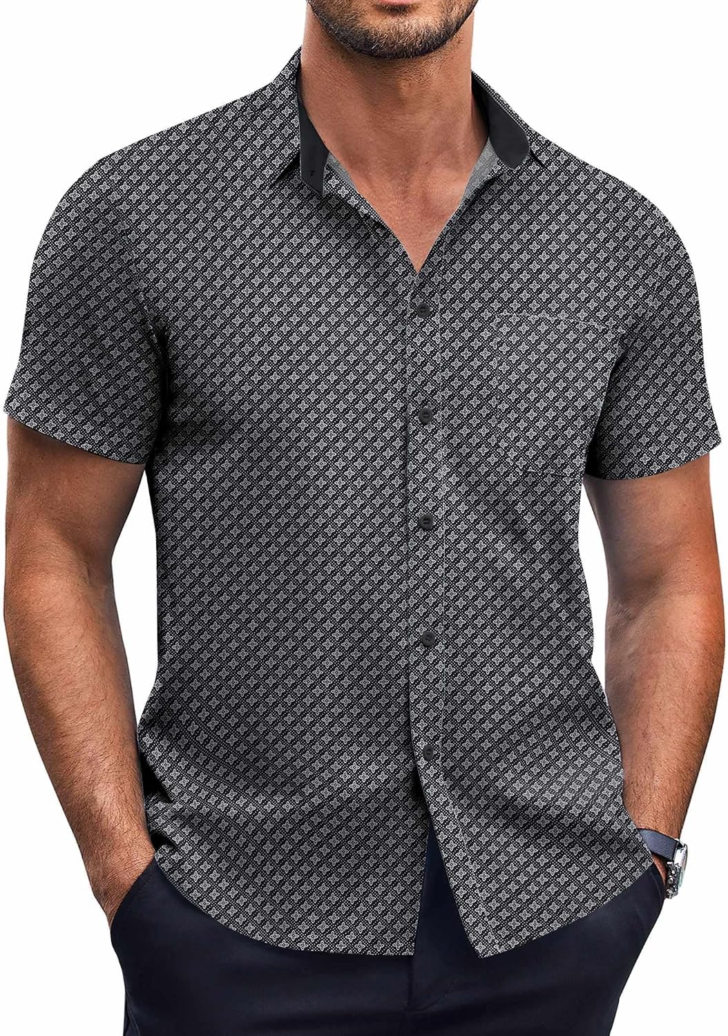 Mens Short Sleeve Button Down Shirts Wrinkle Free Dress Shirts Casual Polka Dot Print Shirt with Pocket